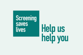 Image of 'Screening saves lives' logo with the text 'help us help you' on a light green background.